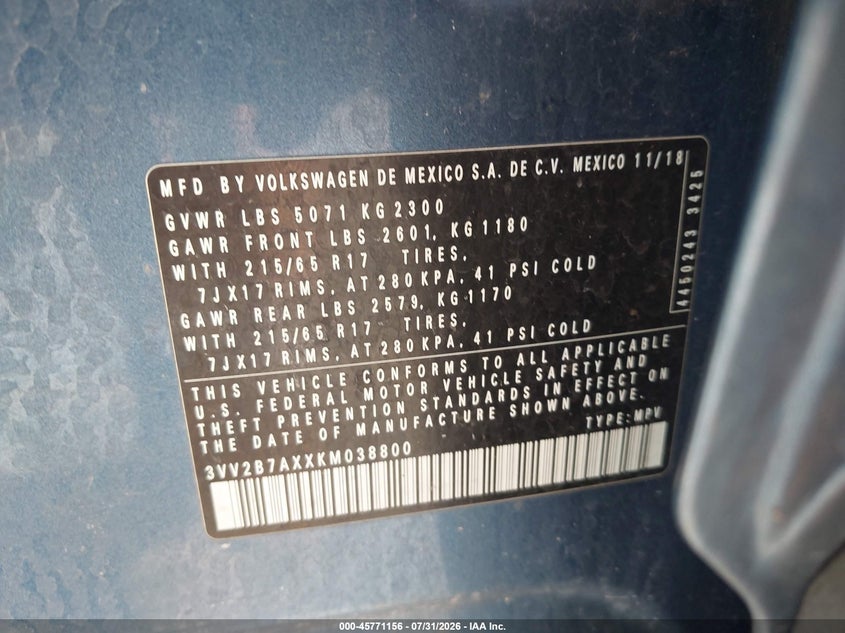 VOLKSWAGEN TIGUAN 2019 VIN 3VV2B7AXXKM038800