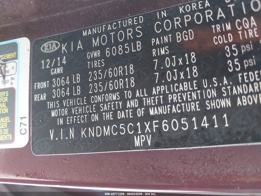 KIA SEDONA 2015 VIN KNDMC5C1XF6051411