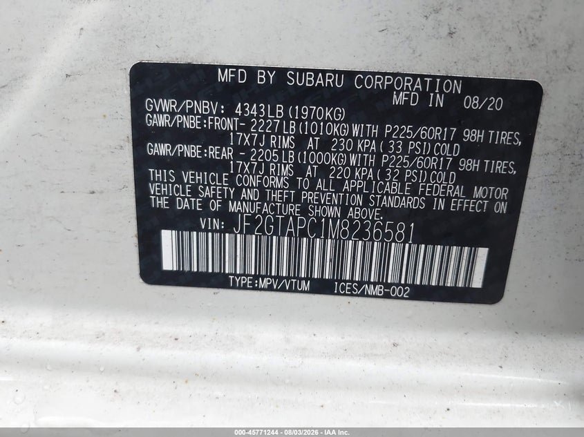 SUBARU CROSSTREK 2021 VIN JF2GTAPC1M8236581