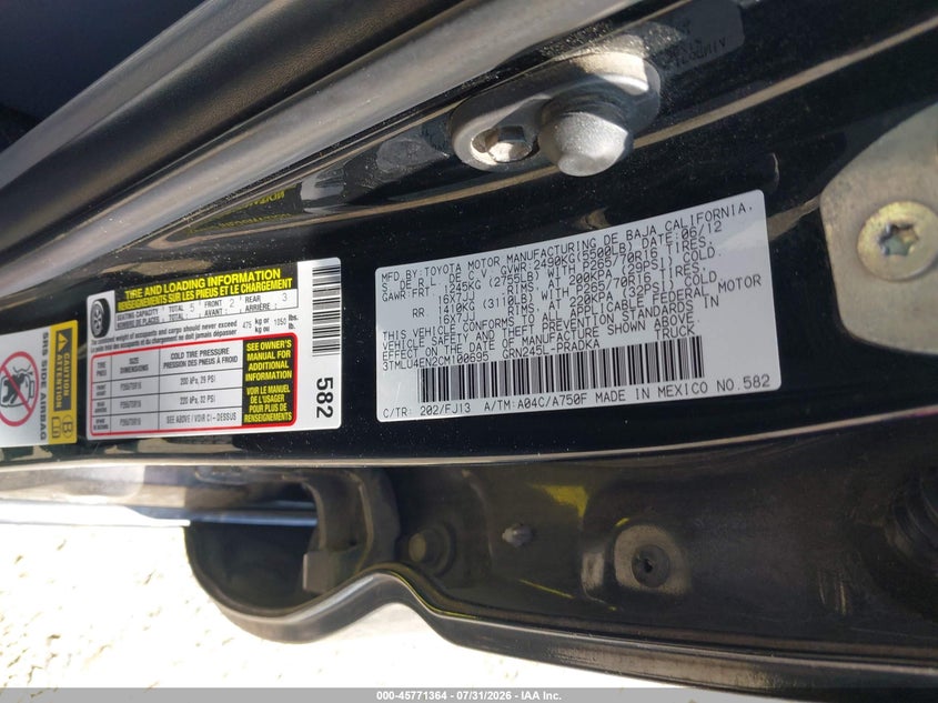 TOYOTA TACOMA 2012 VIN 3TMLU4EN2CM100695