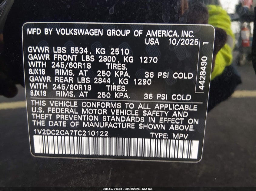 VOLKSWAGEN ATLAS CROSS SPORT 2026 VIN 1V2DC2CA7TC210122