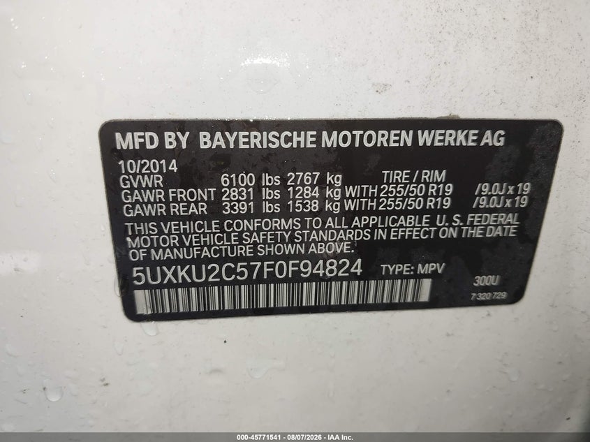 BMW X6 2015 VIN 5UXKU2C57F0F94824