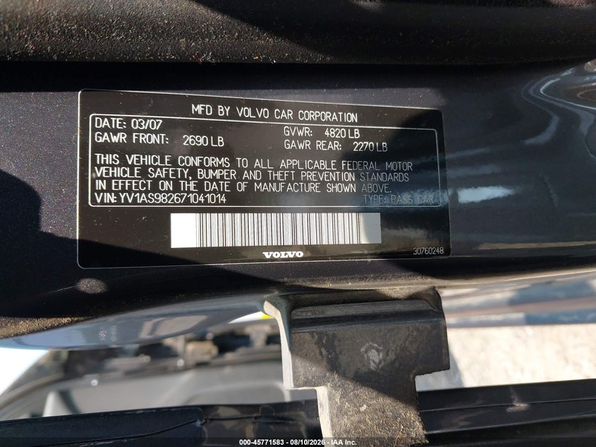 2007 VOLVO S80 SEDAN 3.2L I-6 DOHC, VVT, 235HP