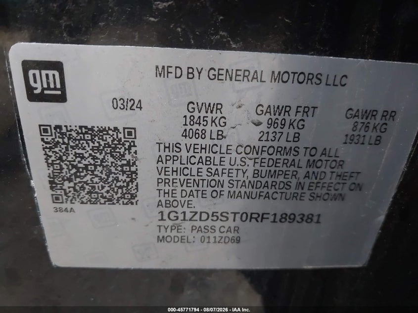 CHEVROLET MALIBU 2024 VIN 1G1ZD5ST0RF189381