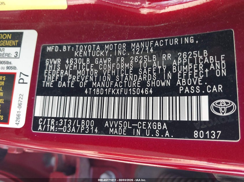 TOYOTA CAMRY HYBRID 2015 VIN 4T1BD1FKXFU150464