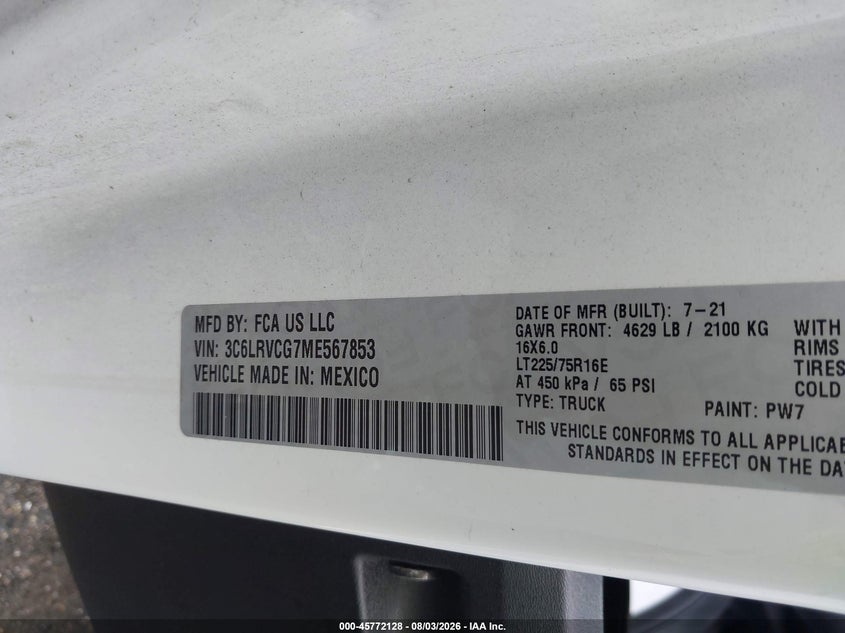 RAM PROMASTER 2500 2021 VIN 3C6LRVCG7ME567853