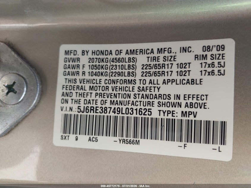 HONDA CR-V 2009 VIN 5J6RE38749L031625