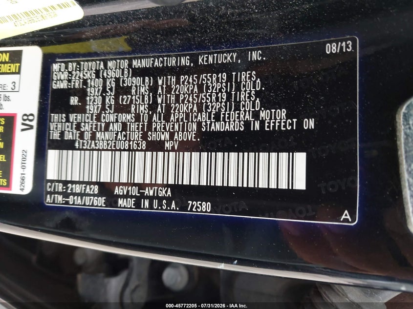 2014 TOYOTA VENZA SPORT UTILITY VEHICLE 2.7L I-4 DOHC, VVT, 181HP