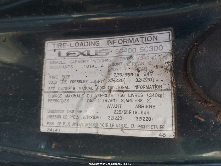 LEXUS SC 400 1997 VIN JT8CH32Y8V0053321