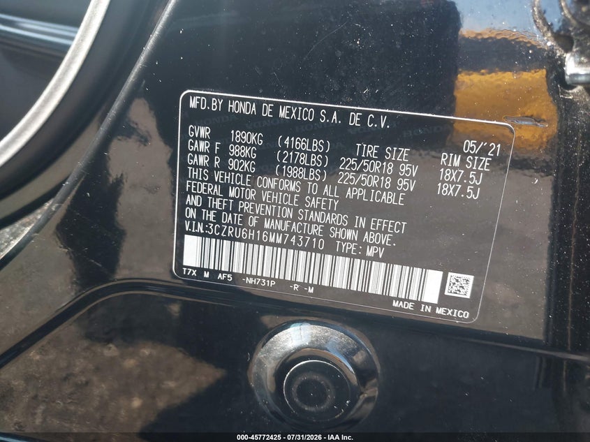 HONDA HR-V 2021 VIN 3CZRU6H16MM743710