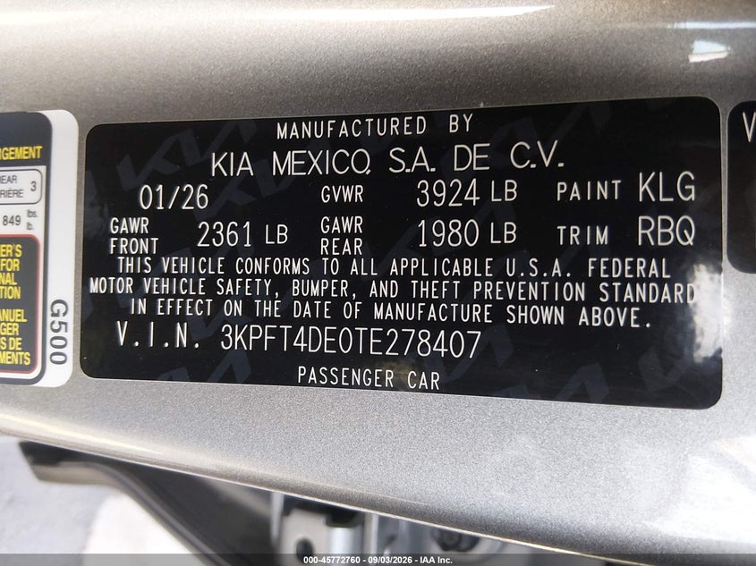 KIA K4 2026 VIN 3KPFT4DE0TE278407