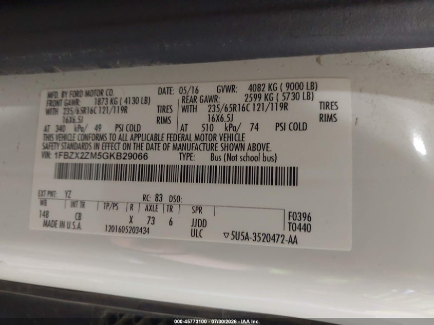 FORD TRANSIT-350 2016 VIN 1FBZX2ZM5GKB29066