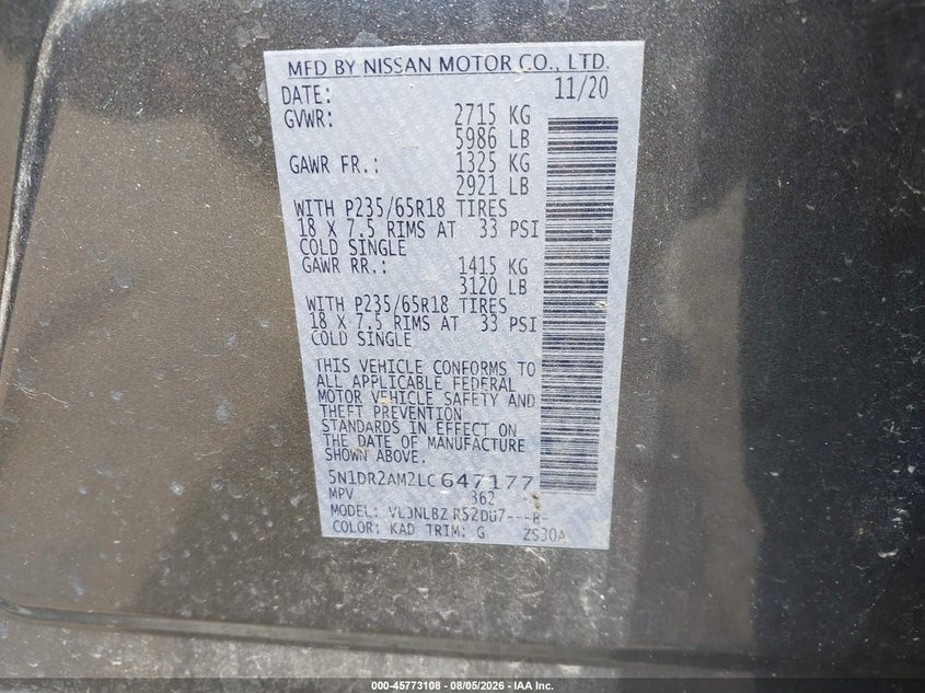 NISSAN PATHFINDER 2020 VIN 5N1DR2AM2LC647177