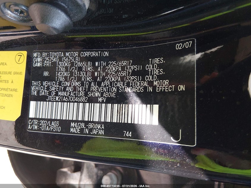 TOYOTA HIGHLANDER HYBRID 2007 VIN JTEEW21A670046882
