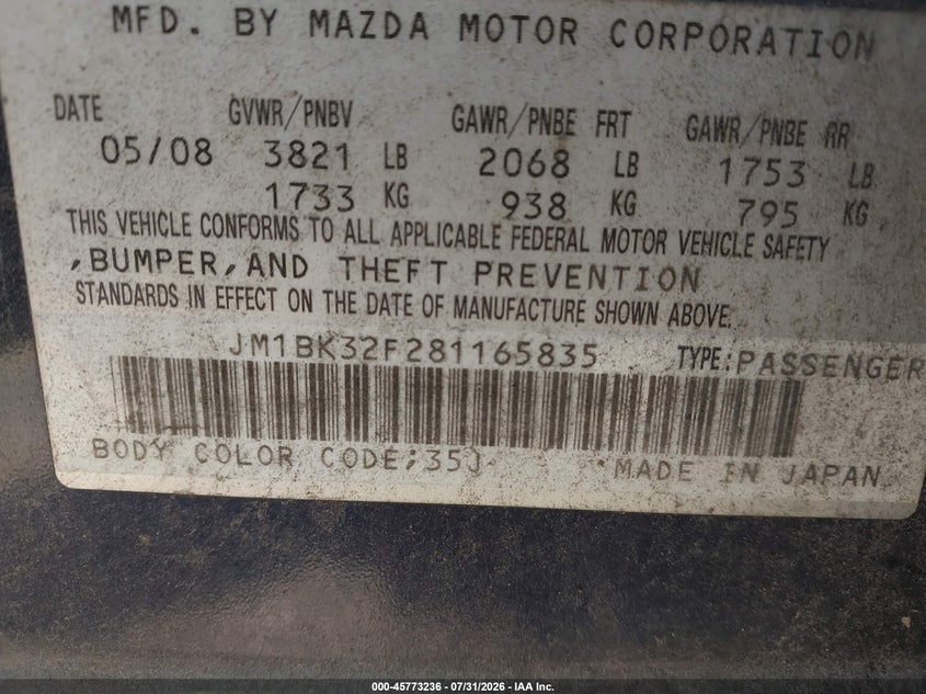 MAZDA MAZDA3 2008 VIN JM1BK32F281165835