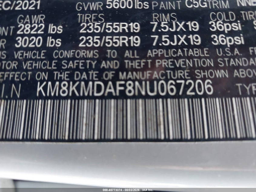 HYUNDAI IONIQ 5 2022 VIN KM8KMDAF8NU067206