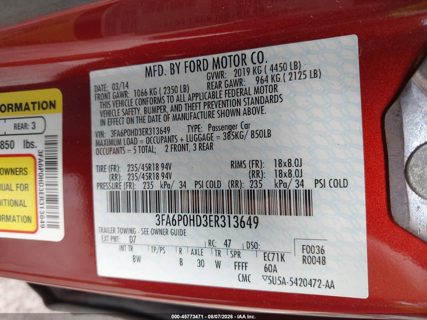 FORD FUSION 2014 VIN 3FA6P0HD3ER313649