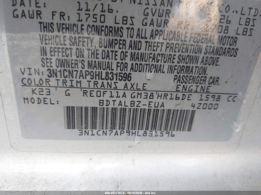 NISSAN VERSA 2017 VIN 3N1CN7AP9HL831596