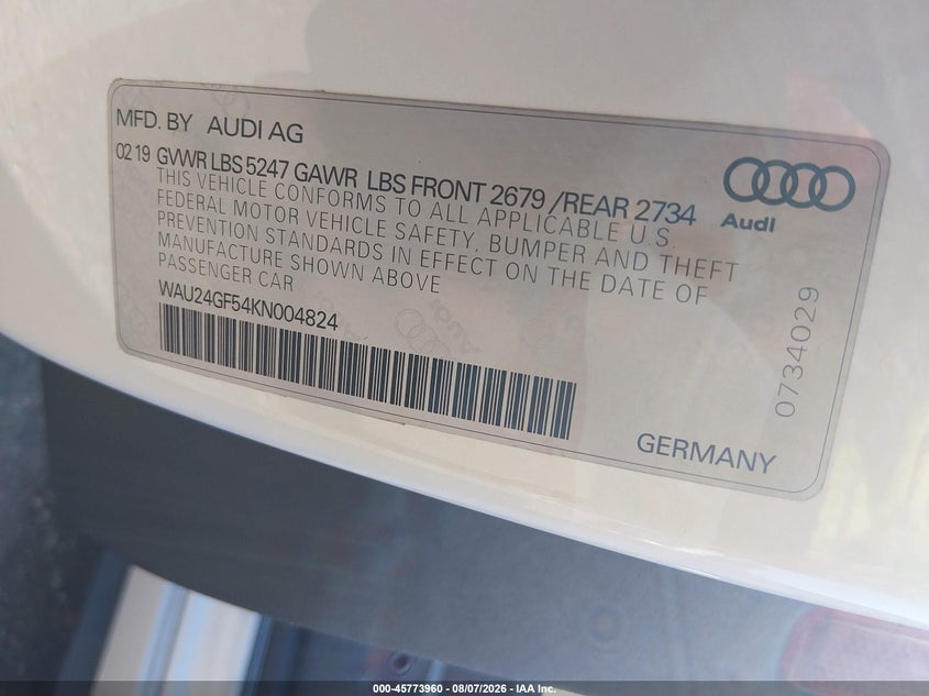 AUDI S5 2019 VIN WAU24GF54KN004824