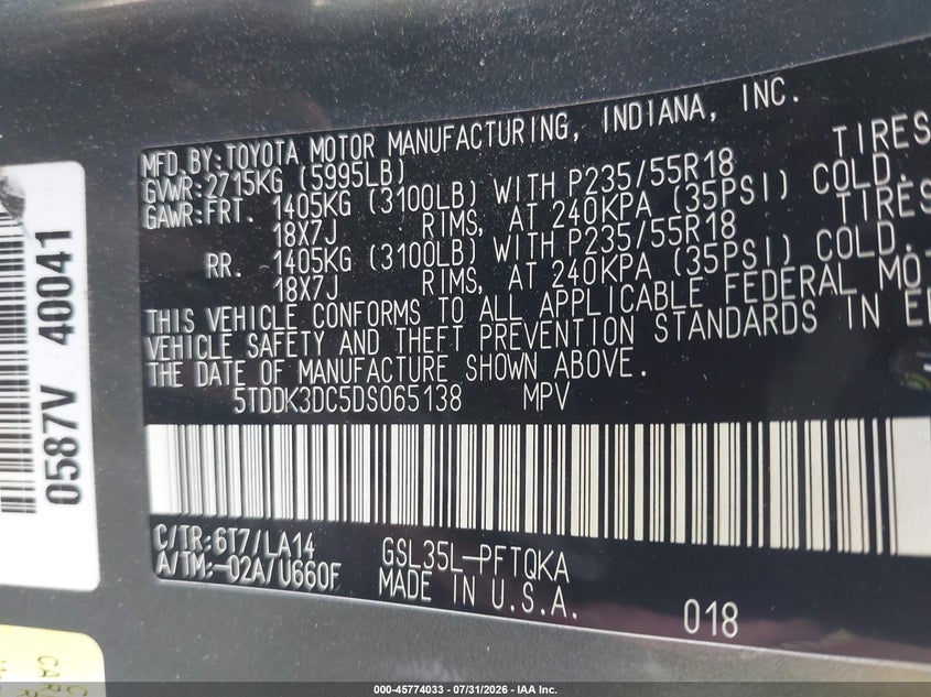 2013 TOYOTA SIENNA VAN 3.5L V-6 DOHC, VVT, 266HP