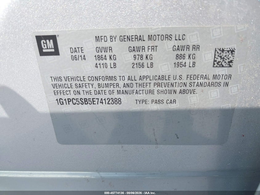 CHEVROLET CRUZE 2014 VIN 1G1PC5SB5E7412388