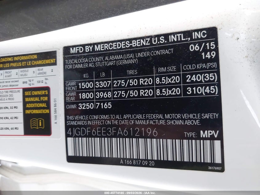 MERCEDES-BENZ GL 450 2015 VIN 4JGDF6EE3FA612196