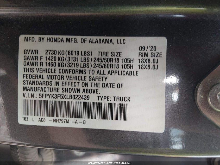 2020 HONDA RIDGELINE TRUCK 3.5L V-6 DI, VVT, 280HP