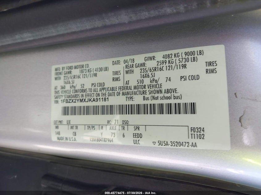 FORD TRANSIT-350 2018 VIN 1FBZX2YMXJKA91181