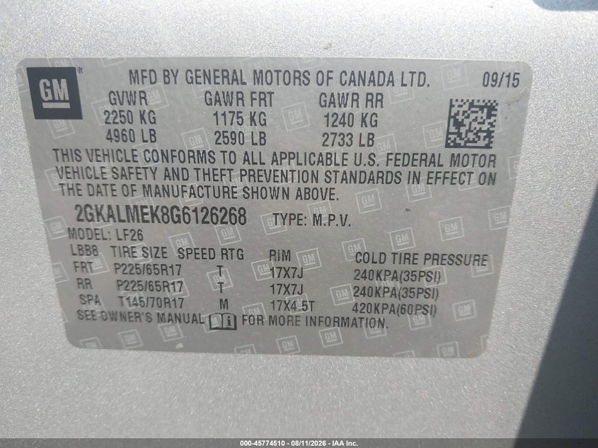 GMC TERRAIN 2016 VIN 2GKALMEK8G6126268