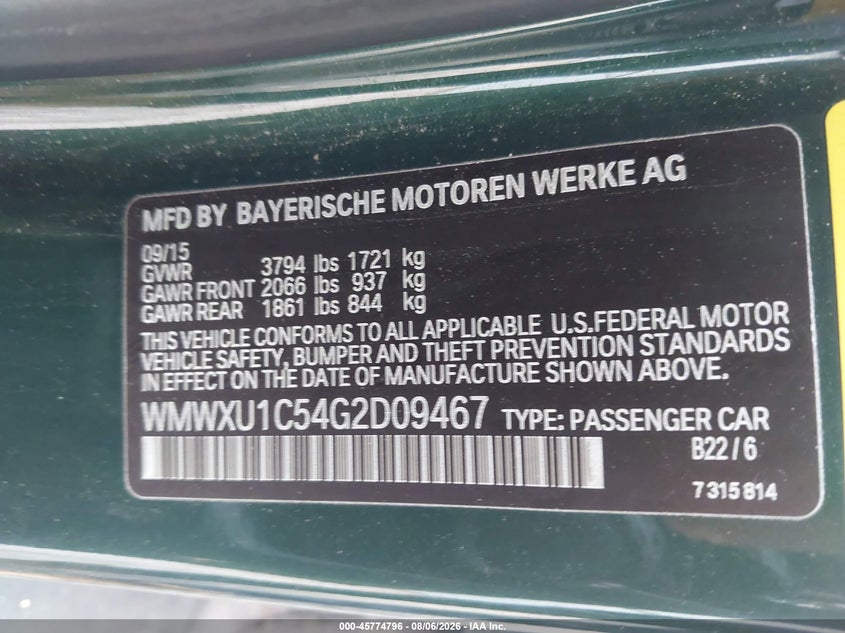 MINI HARDTOP 2016 VIN WMWXU1C54G2D09467