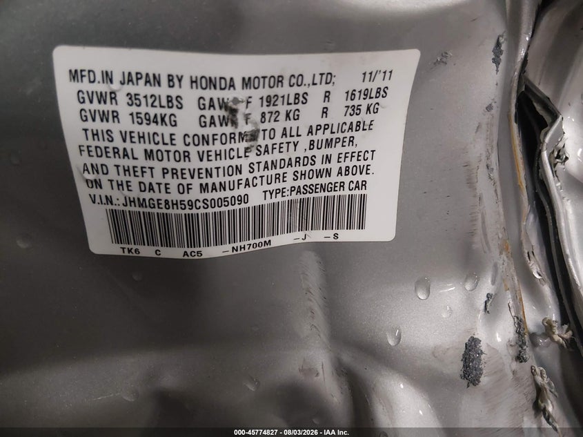 HONDA FIT 2012 VIN JHMGE8H59CS005090