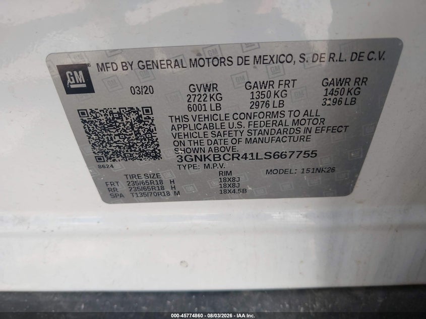 CHEVROLET BLAZER 2020 VIN 3GNKBCR41LS667755