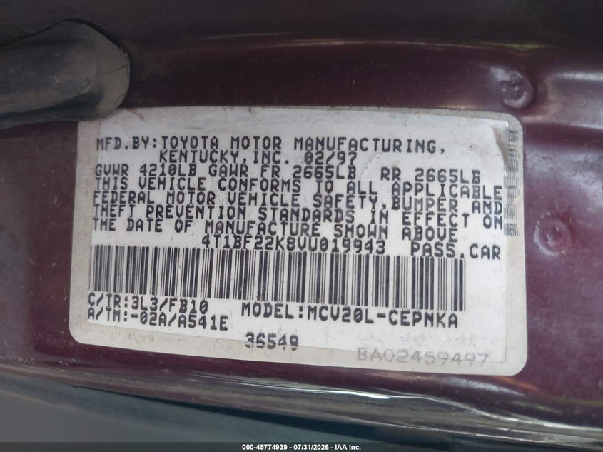 1997 TOYOTA CAMRY SEDAN 3.0L V-6 DOHC, 194HP