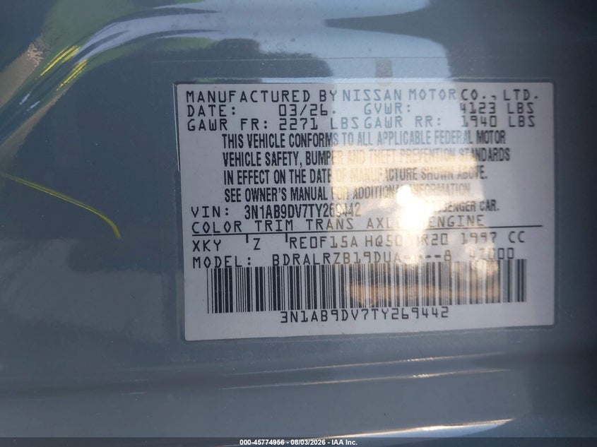 NISSAN SENTRA 2026 VIN 3N1AB9DV7TY269442