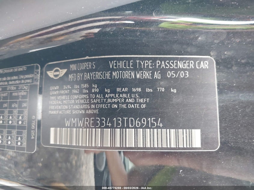 MINI COOPER S 2003 VIN WMWRE33413TD69154