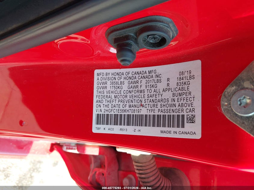 HONDA CIVIC SI 2019 VIN 2HGFC1E56KH708197