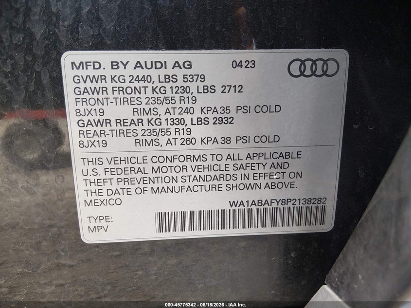 AUDI Q5 2023 VIN WA1ABAFY8P2138282