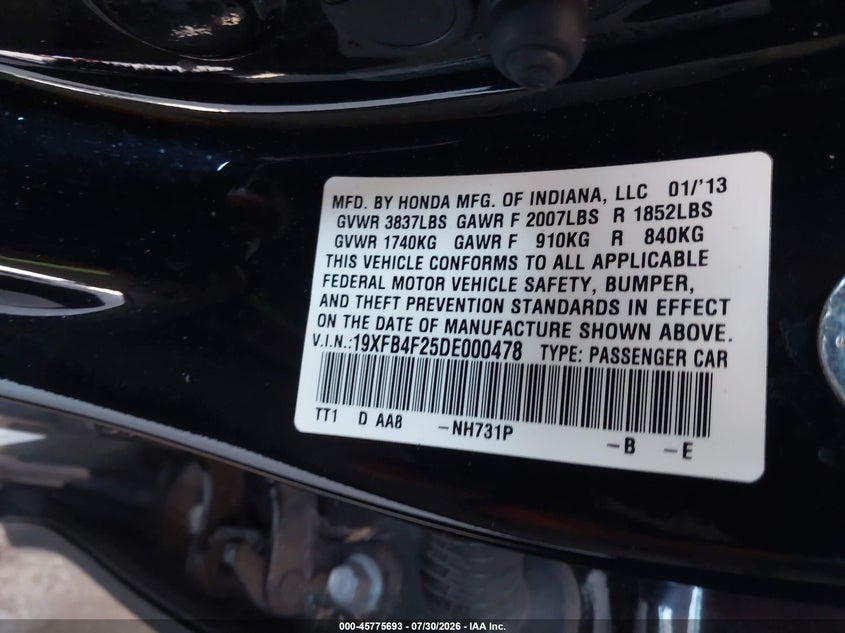 2013 HONDA CIVIC SEDAN 1.5L I-4 VVT, 90HP