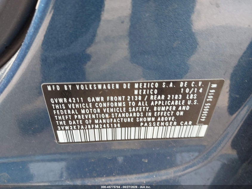 VOLKSWAGEN JETTA 2015 VIN 3VW2K7AJ8FM245196