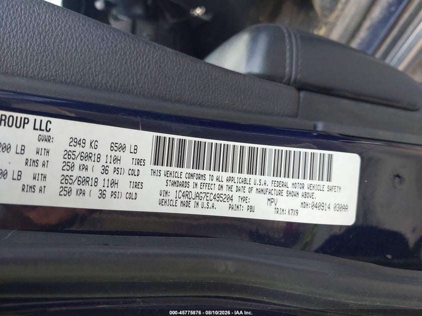 DODGE DURANGO 2014 VIN 1C4RDJAG7EC495204