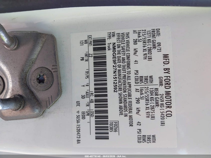 Vin: nm0ge9f27n1512592, lot: 46274928, ford transit connect xlt passenger 20224