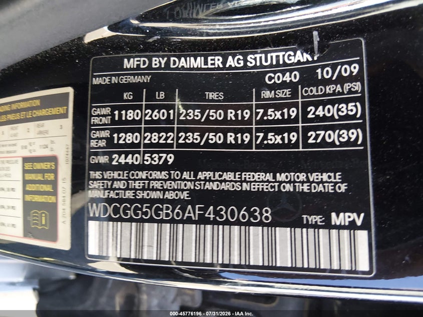 MERCEDES-BENZ GLK 350 2010 VIN WDCGG5GB6AF430638