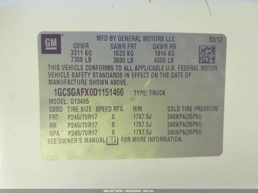 Vin: 1gcsgafx0d1151466, lot: 46275073, chevrolet express 1500 work van 20134