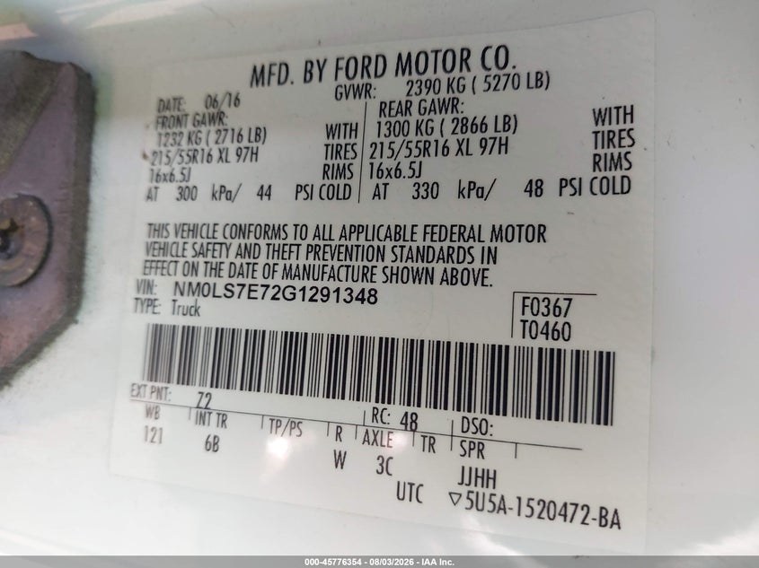 Vin: nm0ls7e72g1291348, lot: 46275134, ford transit connect xl 20164