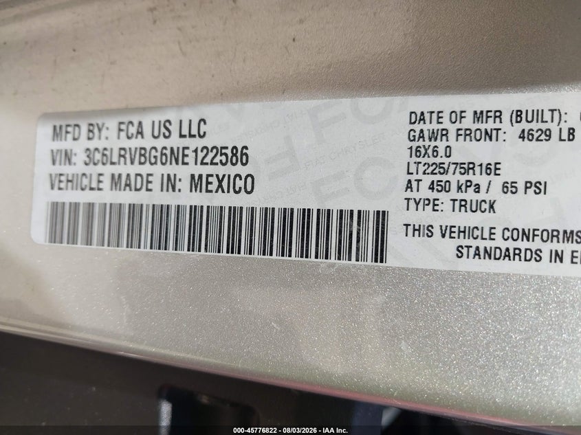 Vin: 3c6lrvbg6ne122586, lot: 46275603, ram promaster 1500 high roof 136 wb 20224