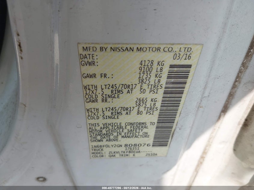 2016 NISSAN NV VAN 4.0L V-6 DOHC, VVT, 261HP