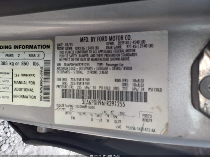 2015 FORD FUSION SEDAN 2.0L I4 FI DOHC 16V NF4