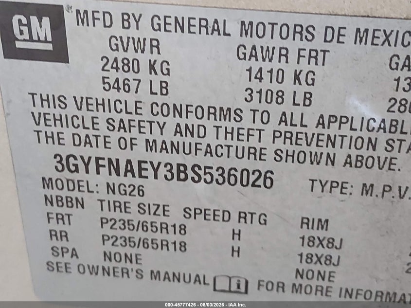 CADILLAC SRX 2011 VIN 3GYFNAEY3BS536026
