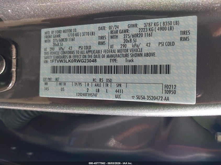 FORD F-150 LIGHTNING 2024 VIN 1FTVW3LK0RWG23048