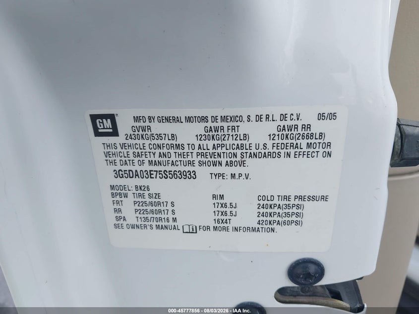 BUICK RENDEZVOUS 2005 VIN 3G5DA03E75S563933
